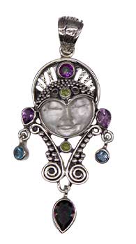 Amethyst, Mother of Pearl Face, Qtz, Peridot, Blue Topaz pendant