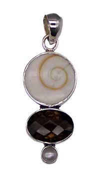 Shiva Eye Shell pendant w/ Fresh Water Pearl and Smoky Qtz